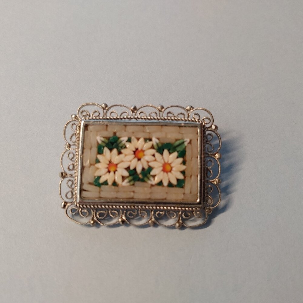 Vintage Floral Mosaic Silver Tone Stamped Italy Brooch